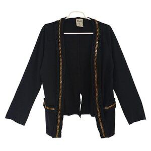 Women's Vintage Black Open Front Cardigan with Gold Chain Trim Long Sleeve.